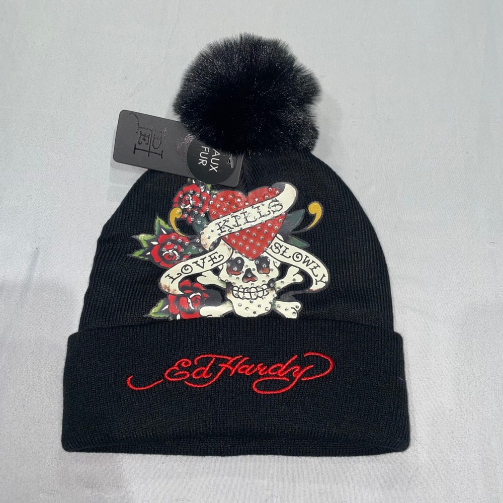 Ed Hardy Love Kills Slowly Black Rhinestone Beanie Faux Fur Pom Hat NWT